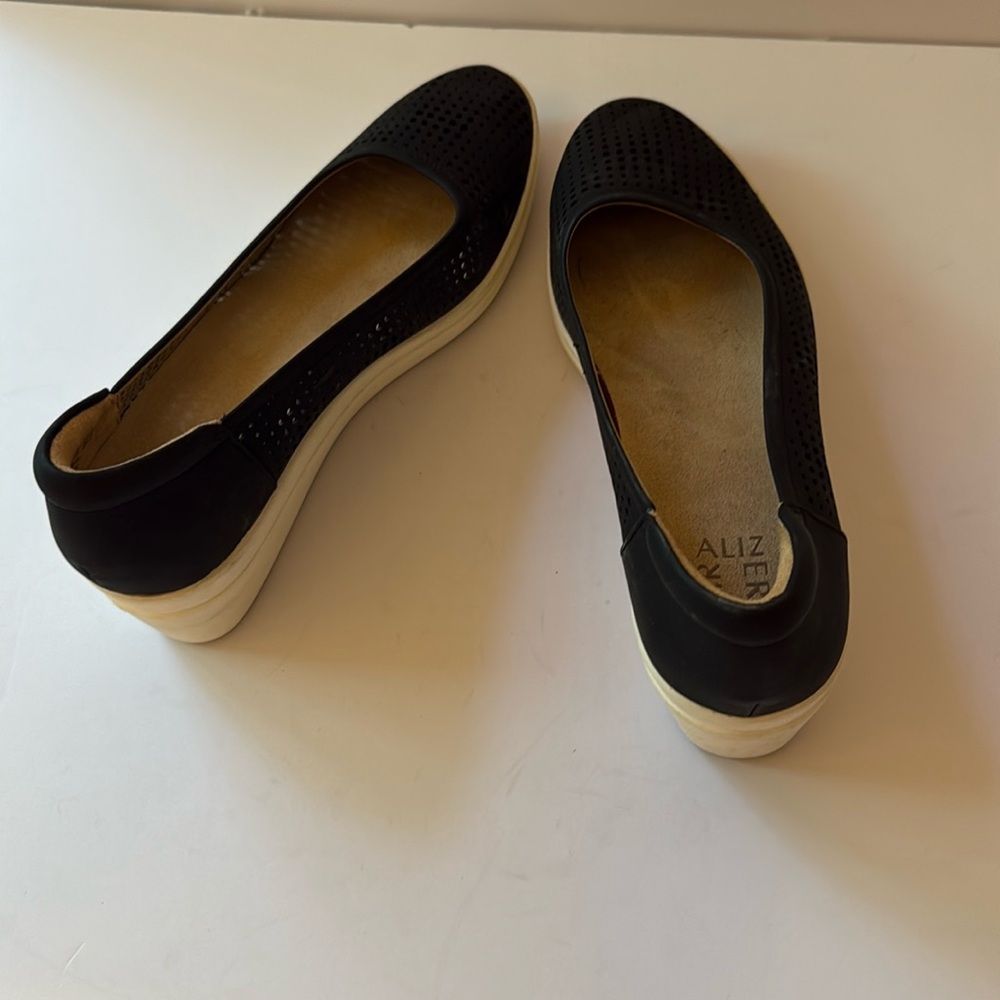 Naturalizer Sam Perforated Slip-On Wedges 9.5W Black Faux Leather $100